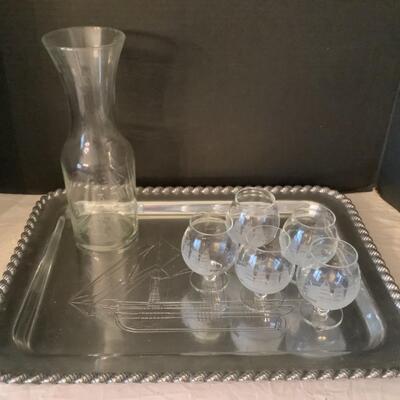 E583 Glass Ship Etched Carafe and Brandy Snifters with Ship Tray