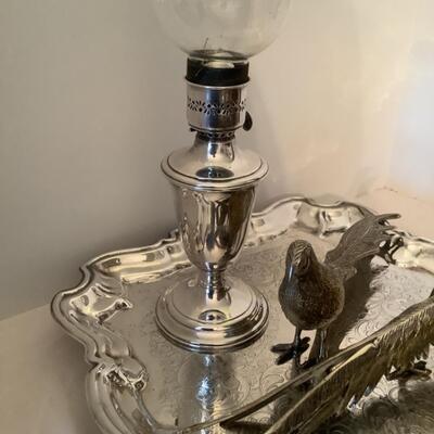 D585 Silverplate Oil Lamp, Pheasant , Tray Home Decor
