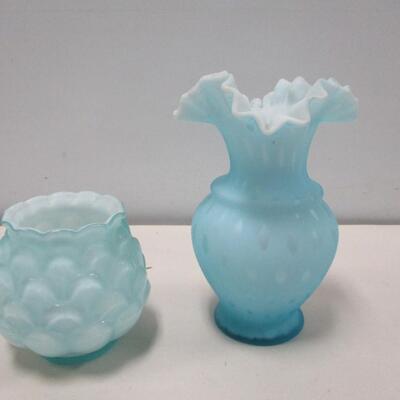 Vintage Fenton Blue Ruffled Vase & Candle Holder