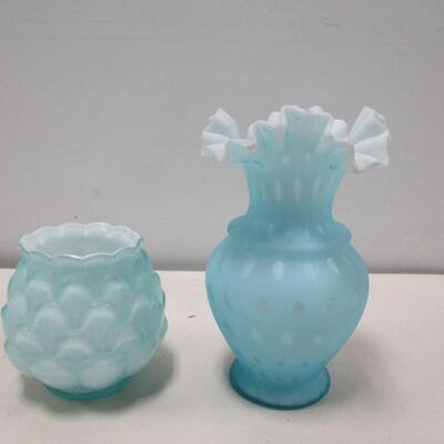 Vintage Fenton Blue Ruffled Vase & Candle Holder