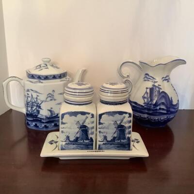 D592 Delft Spice Jars with Pottery Teapot and Water Pitcher