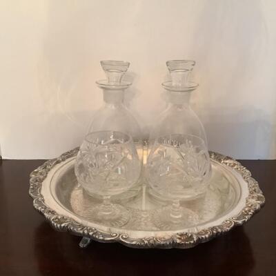 D593 Pair of Glass Etched Liquor Decanters with Brandy Glasses on Tray
