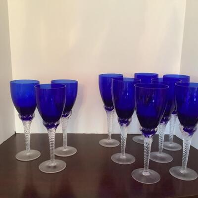 D597 Set of 10 Blue and Clear Glass Goblets