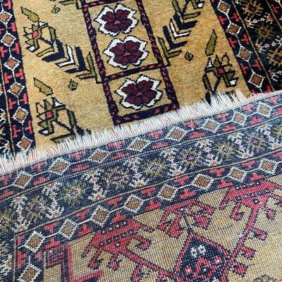 Beautiful Detailed Design Runner Hand Woven Rug in Navy Red and Tan Colors