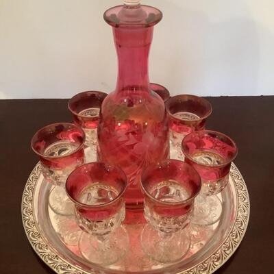 D601 Vintage Ruby Flash Glass Decanter w/ Cordials and Plated Tray