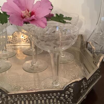 H615 Pair of Vintage Cut Glass Decanters with Champagne Glasses