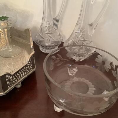H615 Pair of Vintage Cut Glass Decanters with Champagne Glasses