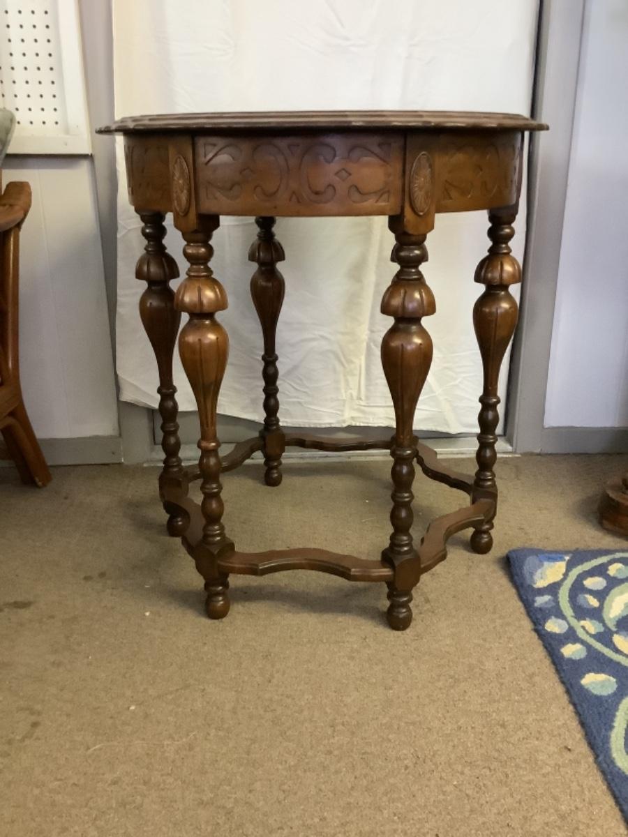C 454 Vintage, Round, Carved Wood Side Table