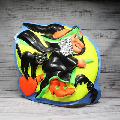 Vintage Halloween Wall Hanging, 3D, Witch on Broom with Black Cat & Bat