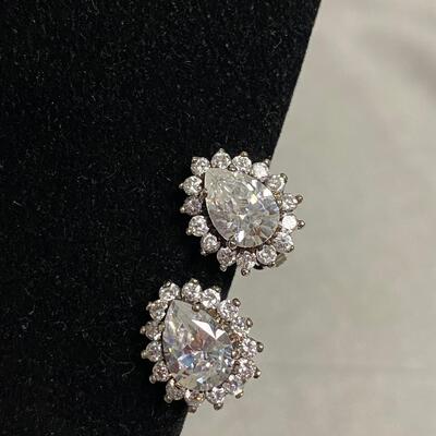 Vintage Teardrop Rhinestone Clip On Sterling Silver 925 Earrings
