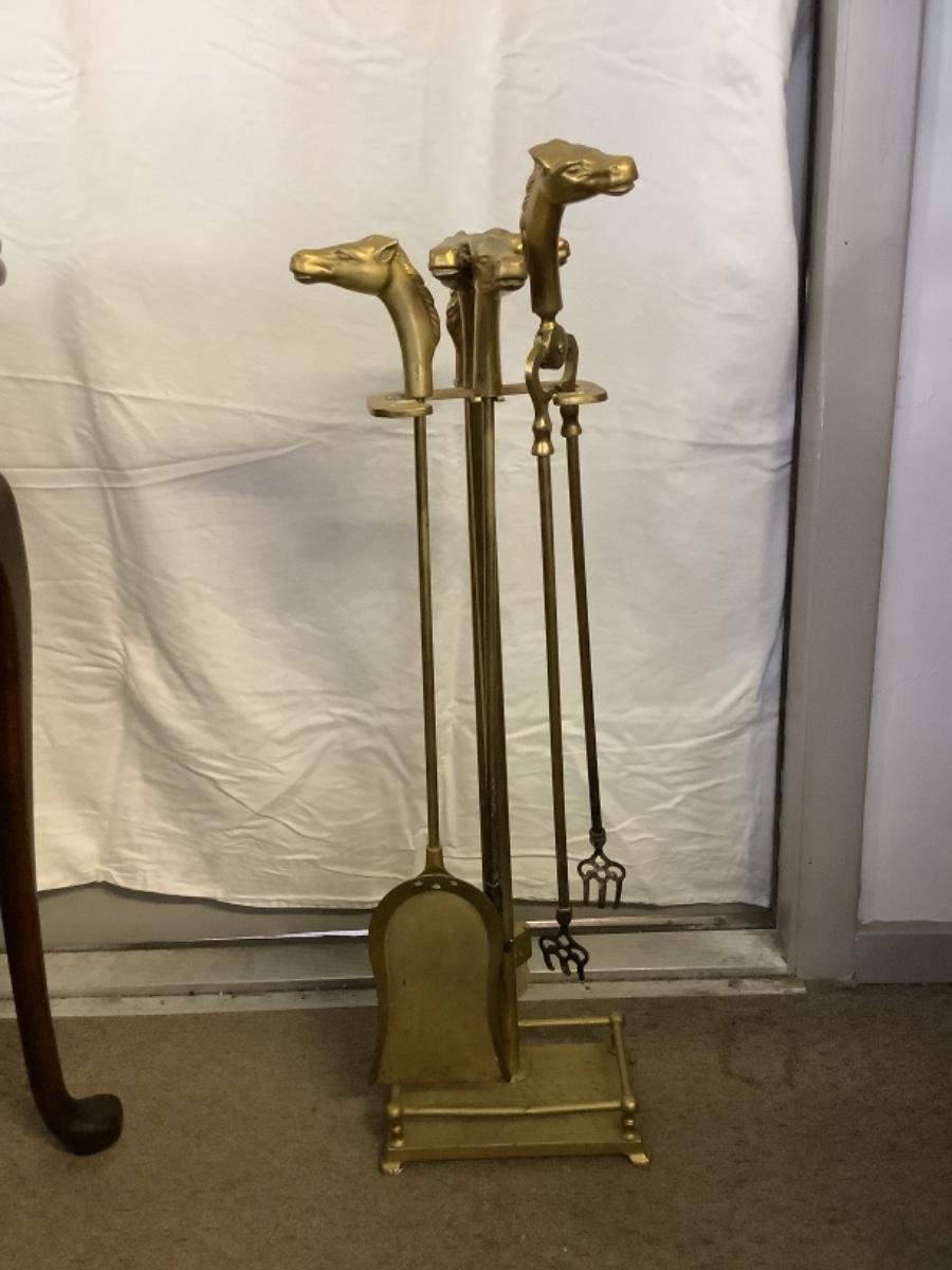 C 458. Vintage Solid Brass Horse Head Fireplace Tools