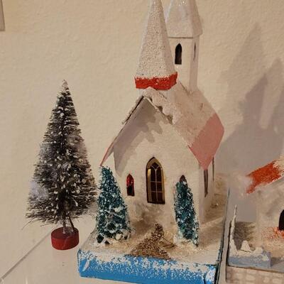 Lot 25: Vintage Putz Paper/Cardboard Christmas Houses - 13 total Buildings includes the Church