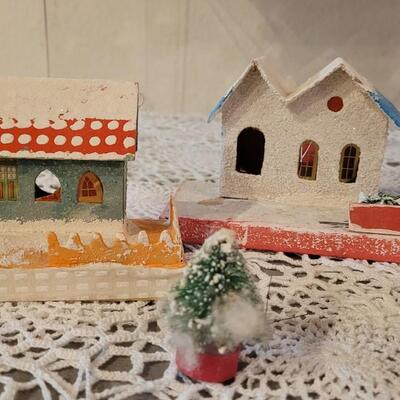 Lot 25: Vintage Putz Paper/Cardboard Christmas Houses - 13 total Buildings includes the Church