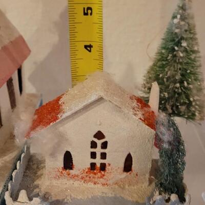 Lot 25: Vintage Putz Paper/Cardboard Christmas Houses - 13 total Buildings includes the Church
