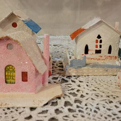 Lot 25: Vintage Putz Paper/Cardboard Christmas Houses - 13 total Buildings includes the Church