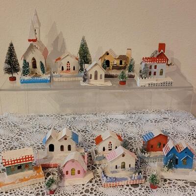 Lot 25: Vintage Putz Paper/Cardboard Christmas Houses - 13 total Buildings includes the Church