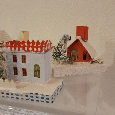 Lot 25: Vintage Putz Paper/Cardboard Christmas Houses - 13 total Buildings includes the Church