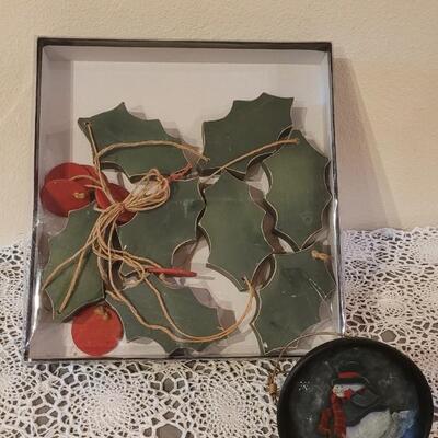 Lot 26: L.K. Coreson Handpainted Snowman Wood Bowl and Wood Holly Garland