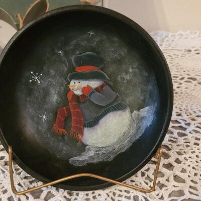 Lot 26: L.K. Coreson Handpainted Snowman Wood Bowl and Wood Holly Garland