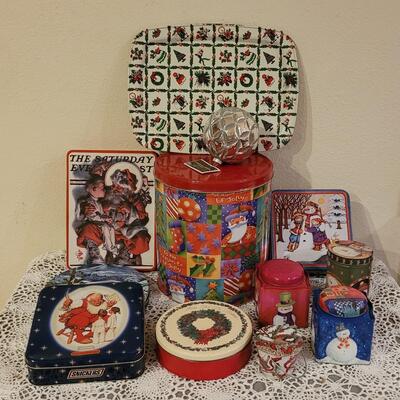 Lot 30: Vintage Christmas Tins with Tin Serving Platter