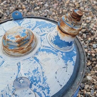 Lot 35: Vintage Farmhouse Blue and White Metal Can with Cap