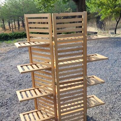 Lot 38: Vintage Wooden Slat Shelf Triple Zone Display Unit