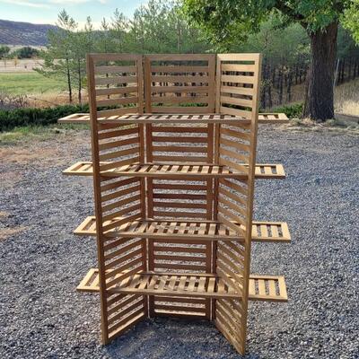 Lot 38: Vintage Wooden Slat Shelf Triple Zone Display Unit