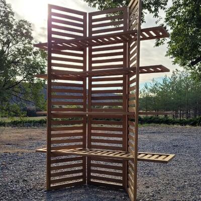 Lot 38: Vintage Wooden Slat Shelf Triple Zone Display Unit