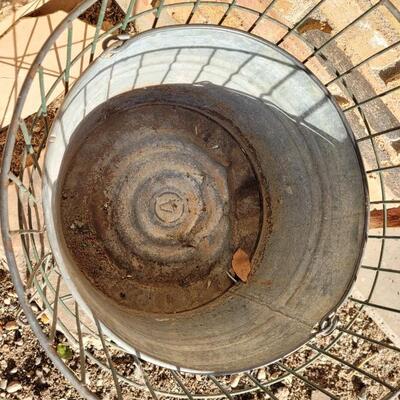 Lot 44: Vintage Metal Plant Stand w/ Vintage Farmhouse Egg/Milking/Baby Bath Bucket Inside