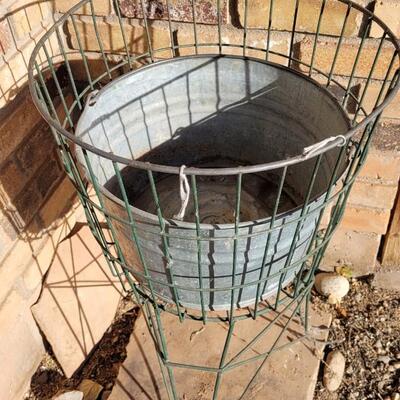 Lot 44: Vintage Metal Plant Stand w/ Vintage Farmhouse Egg/Milking/Baby Bath Bucket Inside