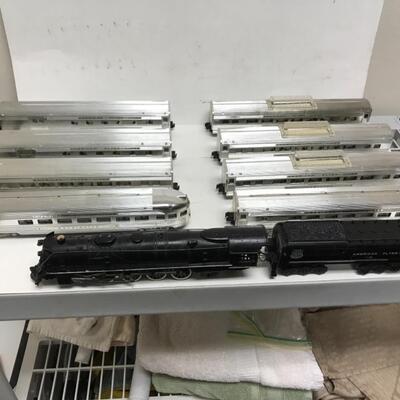 S scale American Flyer passenger consist. 4-8-4 UP steam locomotive and tender plus 8 cars