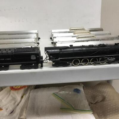 S scale American Flyer passenger consist. 4-8-4 UP steam locomotive and tender plus 8 cars
