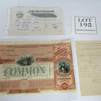 Antique Paper Ephemera: Louisville Railway Co, Undated, Unsigned; 1893 Equitable Life Assurance Society; 2-17-07 John Bird Bill