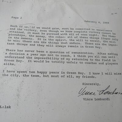 Copy of Vince Lombardi's Retirement Letter, 2/4/69