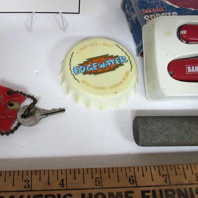 Misc Smalls, Wise Owl Cleaners Owl Key Ring, Bottle Opener, Jack Knives, Old Dog Tags, Sharpening Stone, Etc