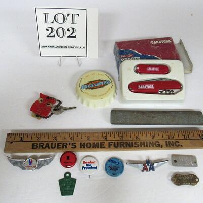 Misc Smalls, Wise Owl Cleaners Owl Key Ring, Bottle Opener, Jack Knives, Old Dog Tags, Sharpening Stone, Etc