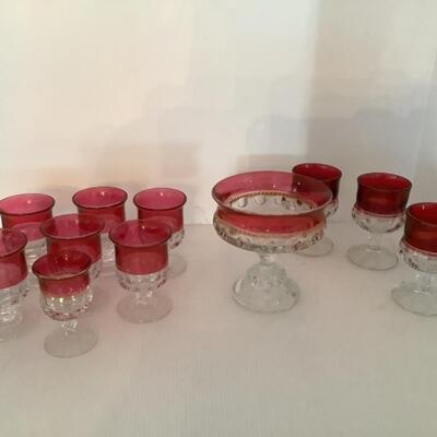 D625 Vintage Ruby Flash Glass Thumbprint Tiffin Bowls, Goblets
