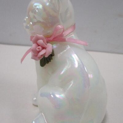 Fenton Glass Pearl White Iridescent Cat with Pink Porcelain Rose Figurine