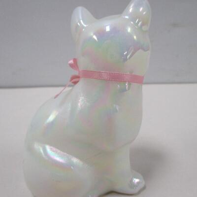 Fenton Glass Pearl White Iridescent Cat with Pink Porcelain Rose Figurine
