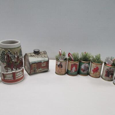 Holiday Decorations - Budweiser Stein - Maple Syrup Tin - Saturday Evening Post Tins