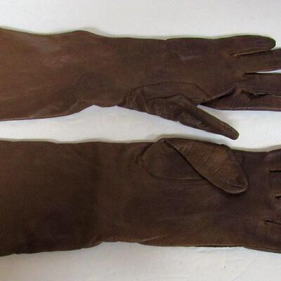 Vintage Ladies Gloves, Long Brown Leather and Black With Trim