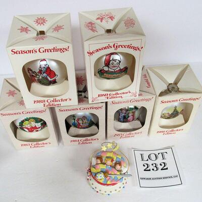 Lot of Vintage Campbell's Soup Christmas Ornaments, 1 Plastic, 6 Glass In Box 1983-86, 1988, 1989, 1993