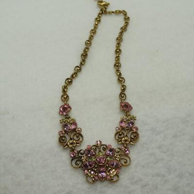 Victorian Style Pink Rhinestone Flower Pendant Necklace, Dainty!