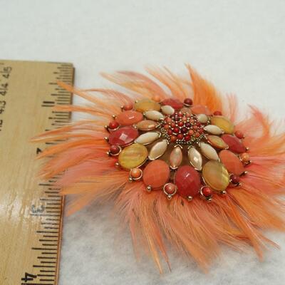 Fabulous Feathers & Baubles Orange Brooch