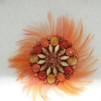 Fabulous Feathers & Baubles Orange Brooch