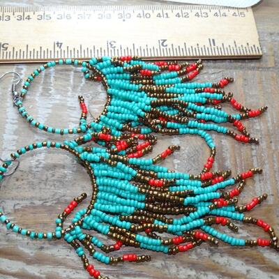Seed Bead Bohemian Turquoise Dangle Earrings, Southwest Style