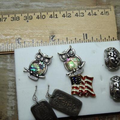 Owls, USA Flag Silver & Copper Tone Earrings & Pin