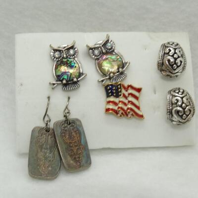 Owls, USA Flag Silver & Copper Tone Earrings & Pin