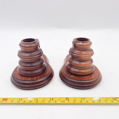 WOODEN CANDLESTICKS & RED CANDLES SET OF 2