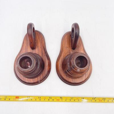 WOODEN CANDLESTICKS & RED CANDLES SET OF 2